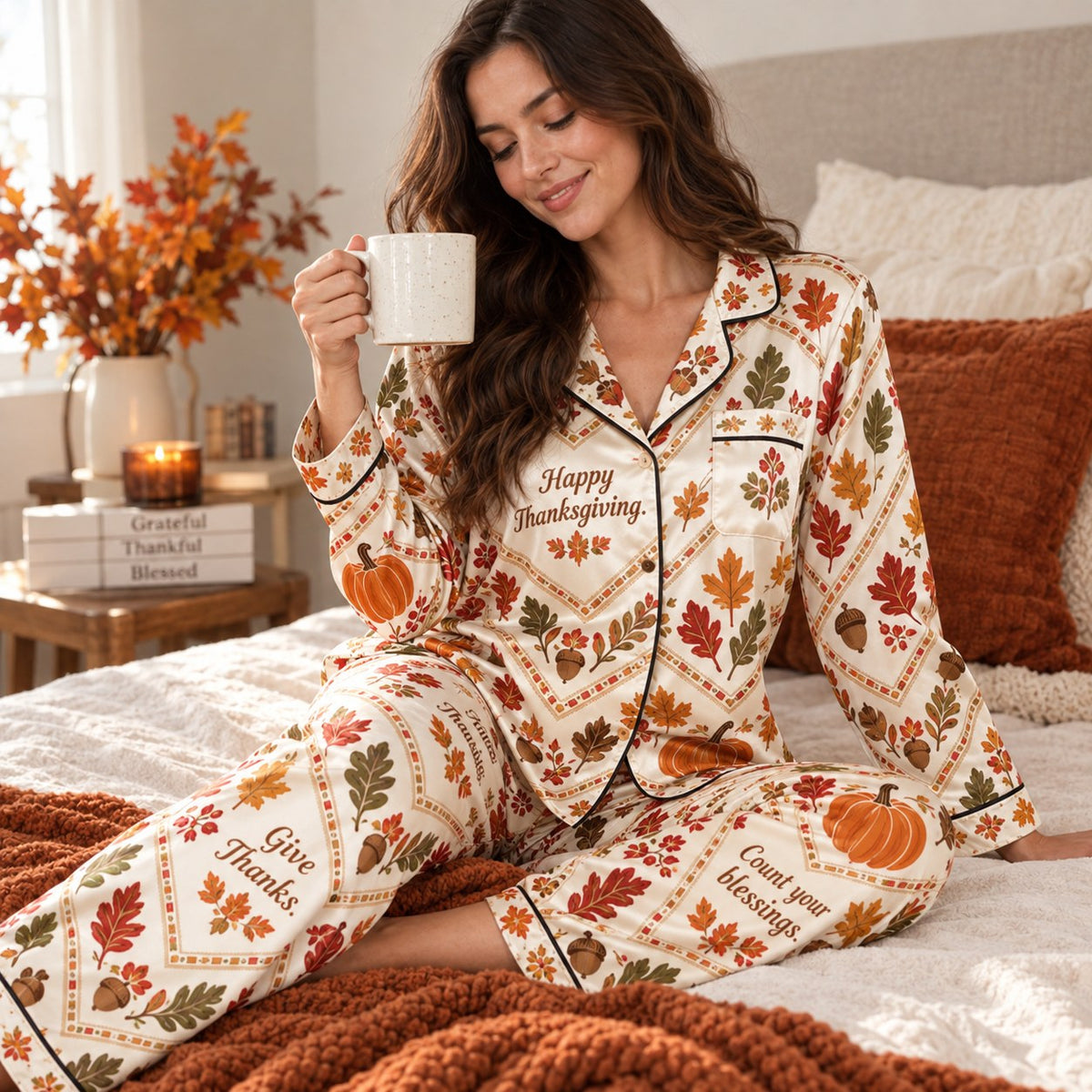 close up of happy thanksgiving satin pajamas model holding sweater weather coffee