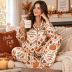 Happy Thanksgiving Pumpkin Autumn Leaves Satin Pyjamas, Thanksgiving Lounge Pyjamas, Button Up Pyjamas Gifts For Her