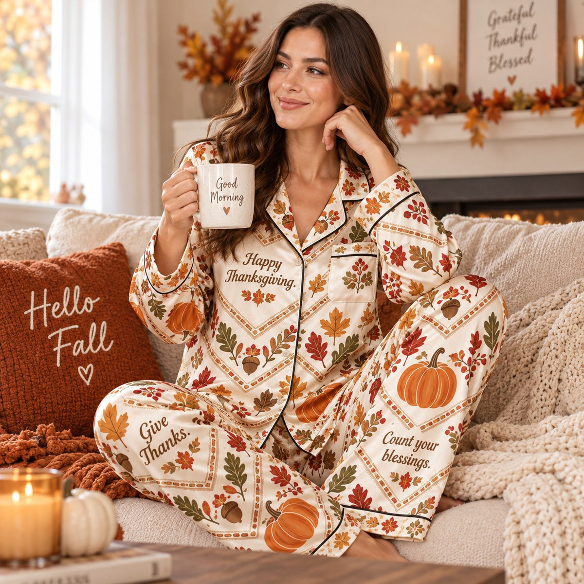 Happy Thanksgiving Pumpkin Autumn Leaves Satin Pyjamas, Thanksgiving Lounge Pyjamas, Button Up Pyjamas Gifts For Her