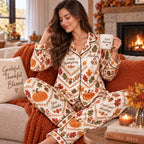Happy Thanksgiving Pumpkin Autumn Leaves Satin Pyjamas, Thanksgiving Lounge Pyjamas, Button Up Pyjamas Gifts For Her