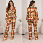 happy thanksgiving satin pajama set with turkey print and autumn plaid pattern