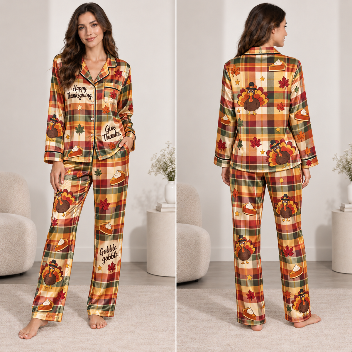 happy thanksgiving satin pajama set with turkey print and autumn plaid pattern