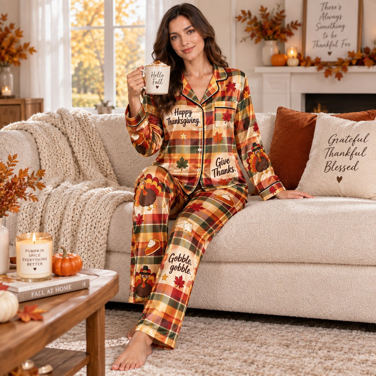 back view of thanksgiving satin pajamas showing turkey design and gobble gobble