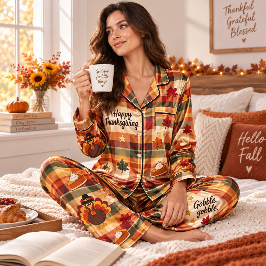 model sitting on bed reading in cozy thanksgiving satin pajama set