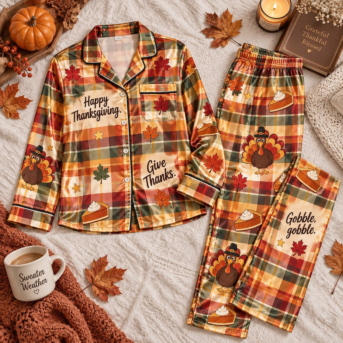 Happy Thanksgiving Gobble Gobble Satin Pajama Set, Give Thanks Button Up Pyjamas, Lounging Pyjamas