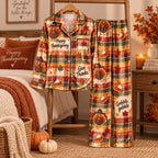 Happy Thanksgiving Gobble Gobble Satin Pajama Set, Give Thanks Button Up Pyjamas, Lounging Pyjamas