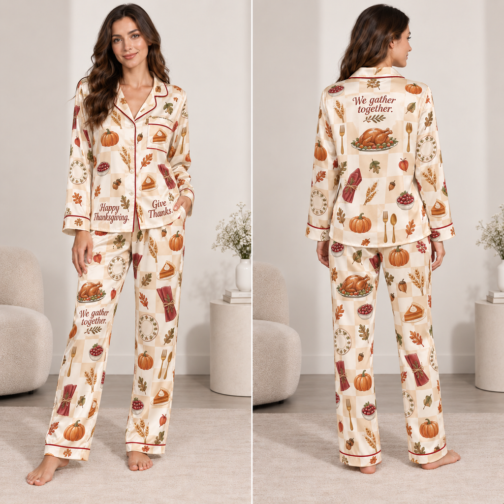 woman modelling cream thanksgiving print satin pyjama set with pumpkins and pies