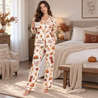back view of all-over thanksgiving print satin pyjama set with gather together