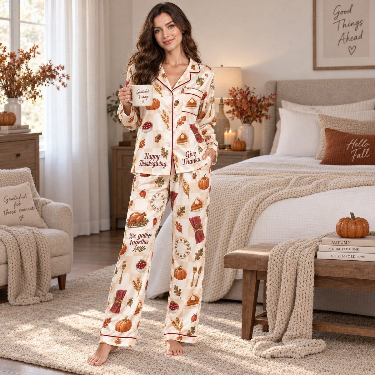 back view of all-over thanksgiving print satin pyjama set with gather together