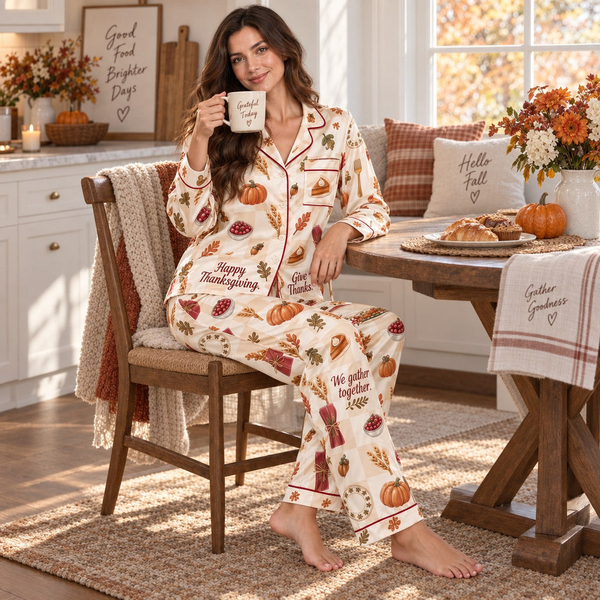 woman holding grateful today mug in autumn decorated bedroom wearing thanksgiving pyjamas