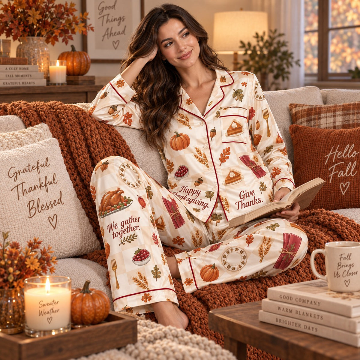 woman reading book on sofa in autumn decorated living room wearing thanksgiving