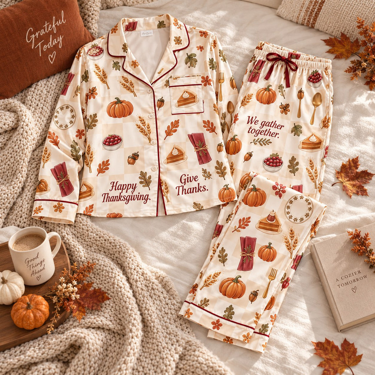 Happy Thanksgiving Pyjamas, Give Thanks Satin Pyjama Set, We Gather Together Lounge Pyjamas