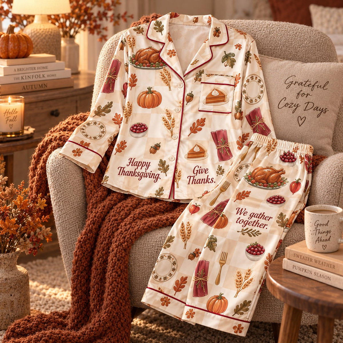 Happy Thanksgiving Pyjamas, Give Thanks Satin Pyjama Set, We Gather Together Lounge Pyjamas