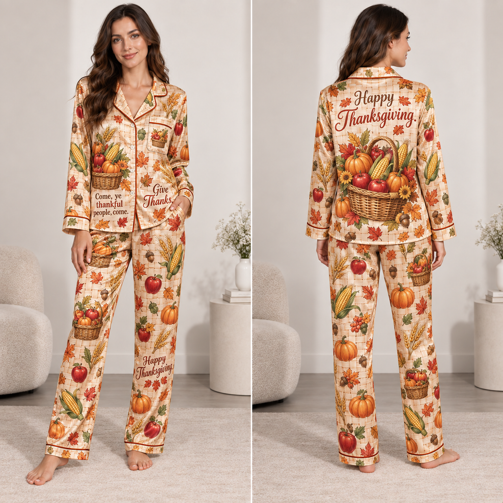 happy thanksgiving satin pyjamas full front view of model