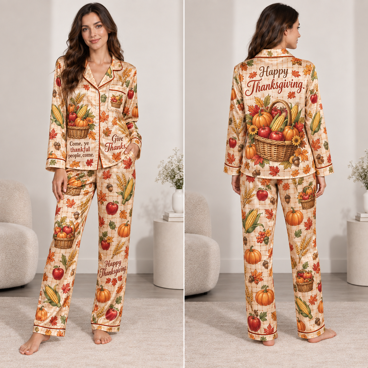 happy thanksgiving satin pyjamas full front view of model