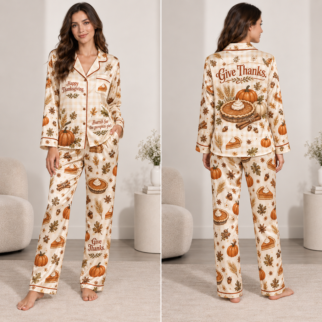 woman modeling cream thanksgiving satin pyjamas with pumpkin pie and leaf print