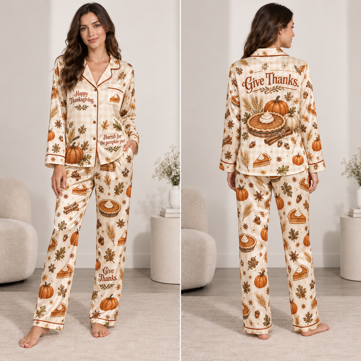 woman modeling cream thanksgiving satin pyjamas with pumpkin pie and leaf print