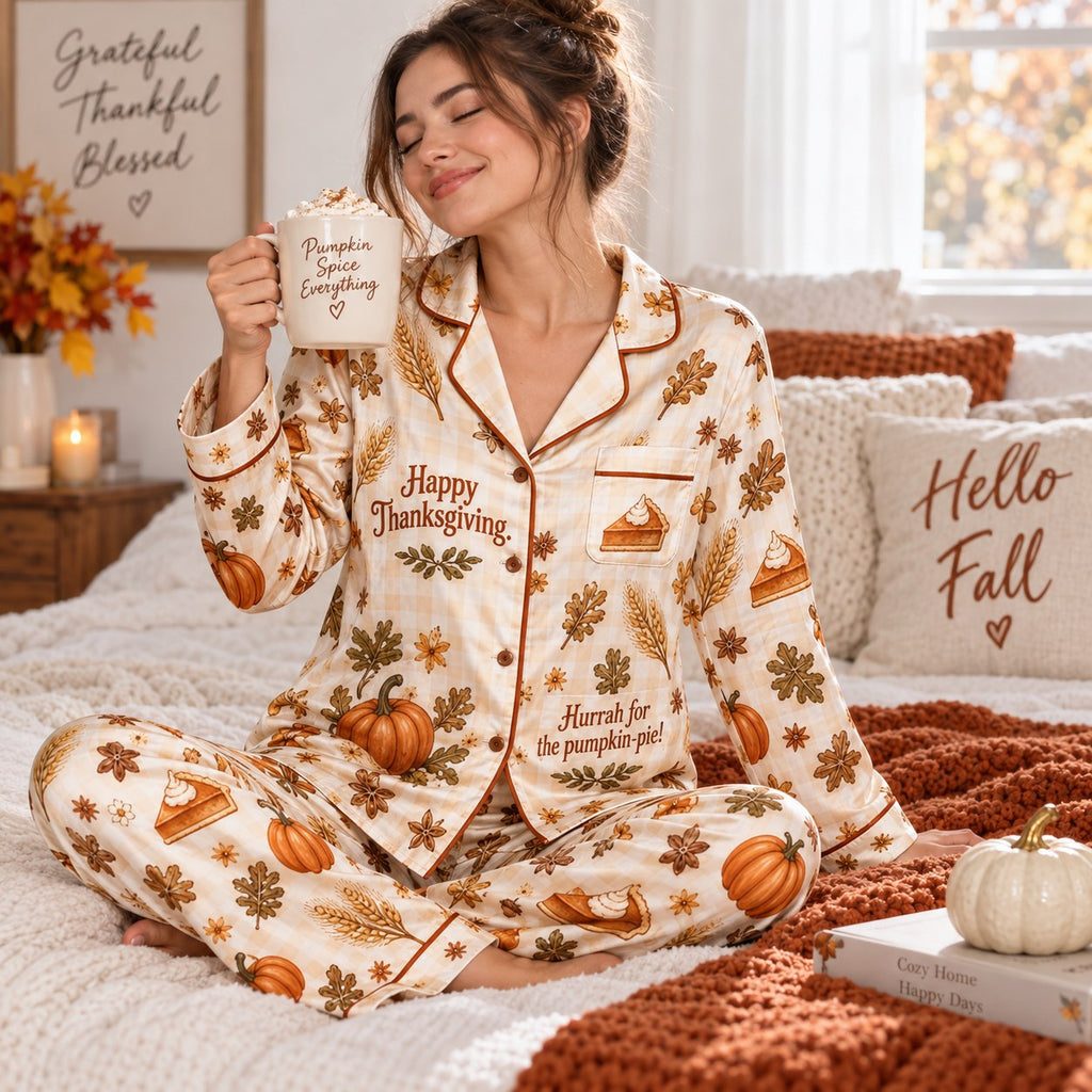 woman in thanksgiving pjs drinking pumpkin spice coffee by the fireplace