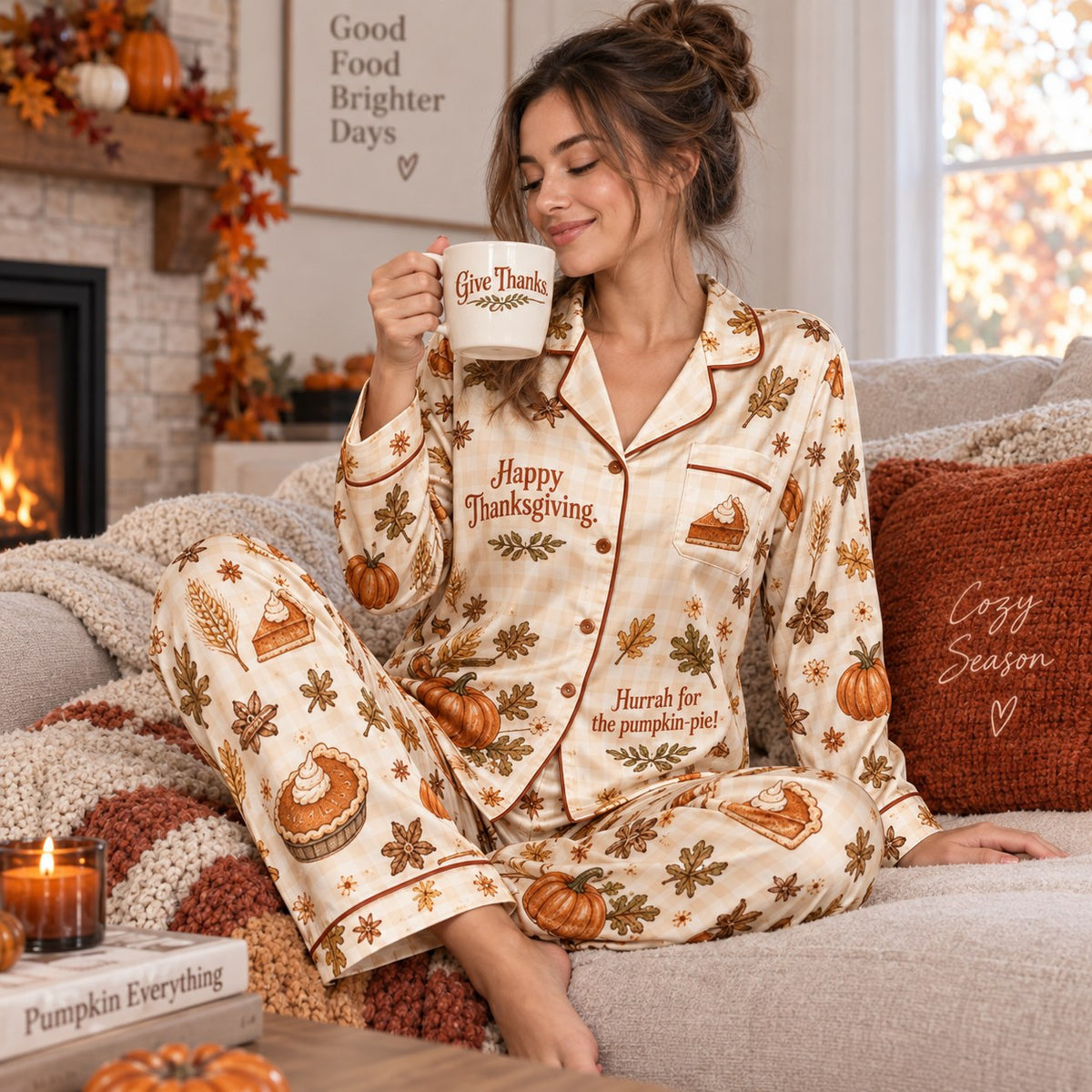 woman sitting cross-legged in pumpkin print satin pyjamas on cozy bed