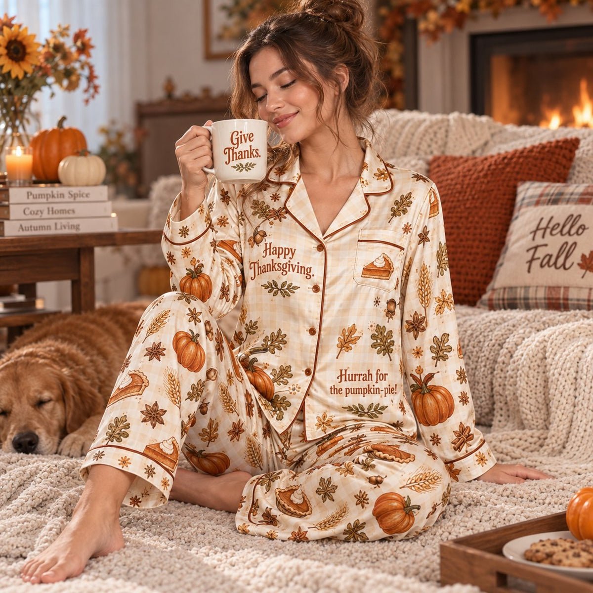 Happy Thanksgiving Hurrah For The Pumpkin Pie Satin Pyjamas, Button Up Lounge Pyjamas, Gifts For Her