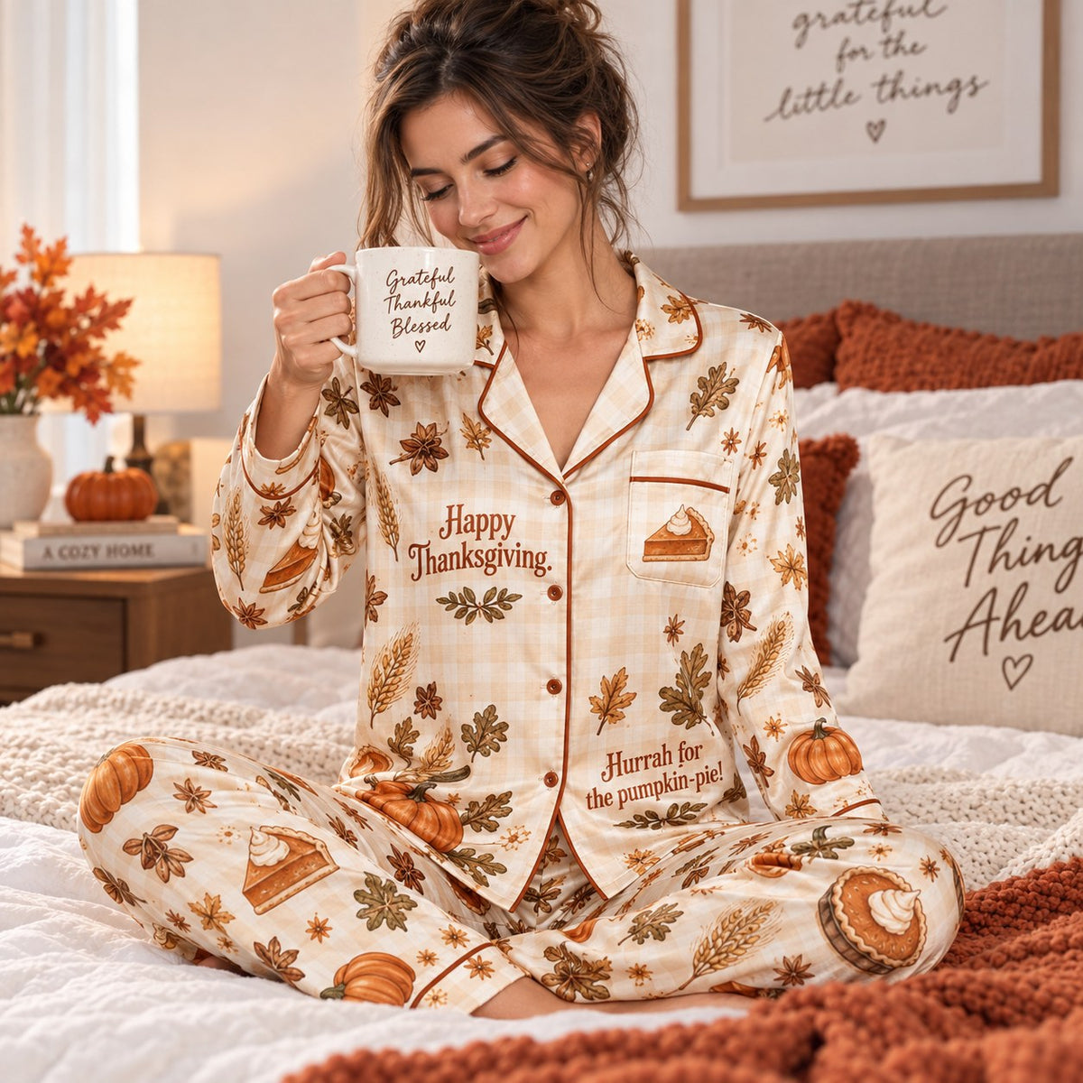 Happy Thanksgiving Hurrah For The Pumpkin Pie Satin Pyjamas, Button Up Lounge Pyjamas, Gifts For Her