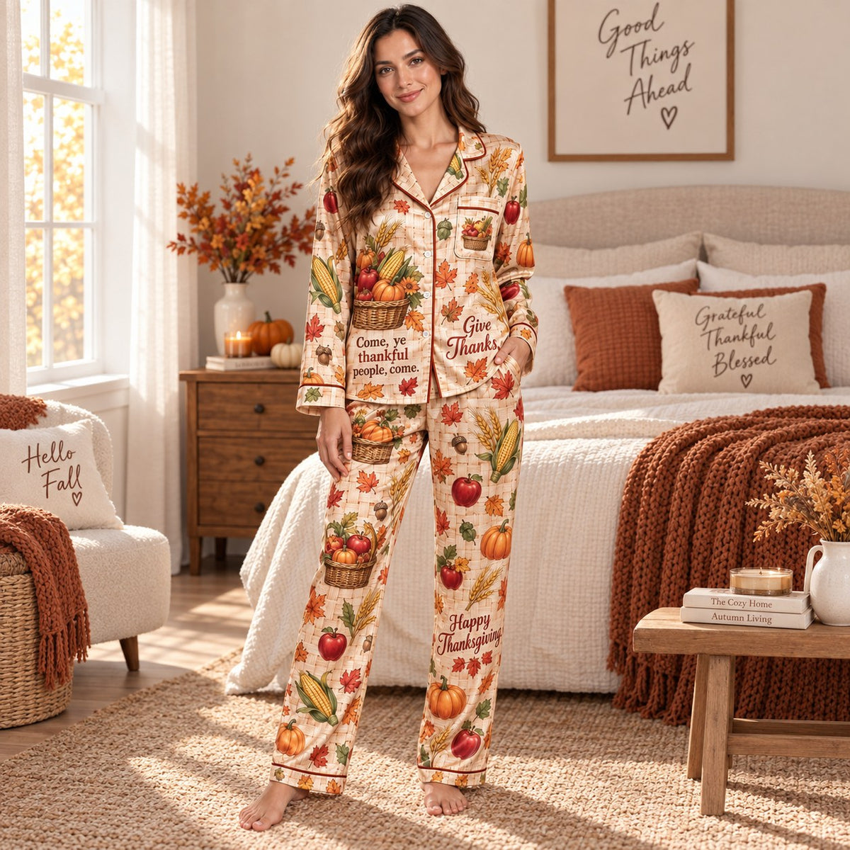 satin pyjamas back view showing happy thanksgiving harvest print