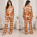satin pyjamas front view with Happy Thanksgiving pumpkin pie print