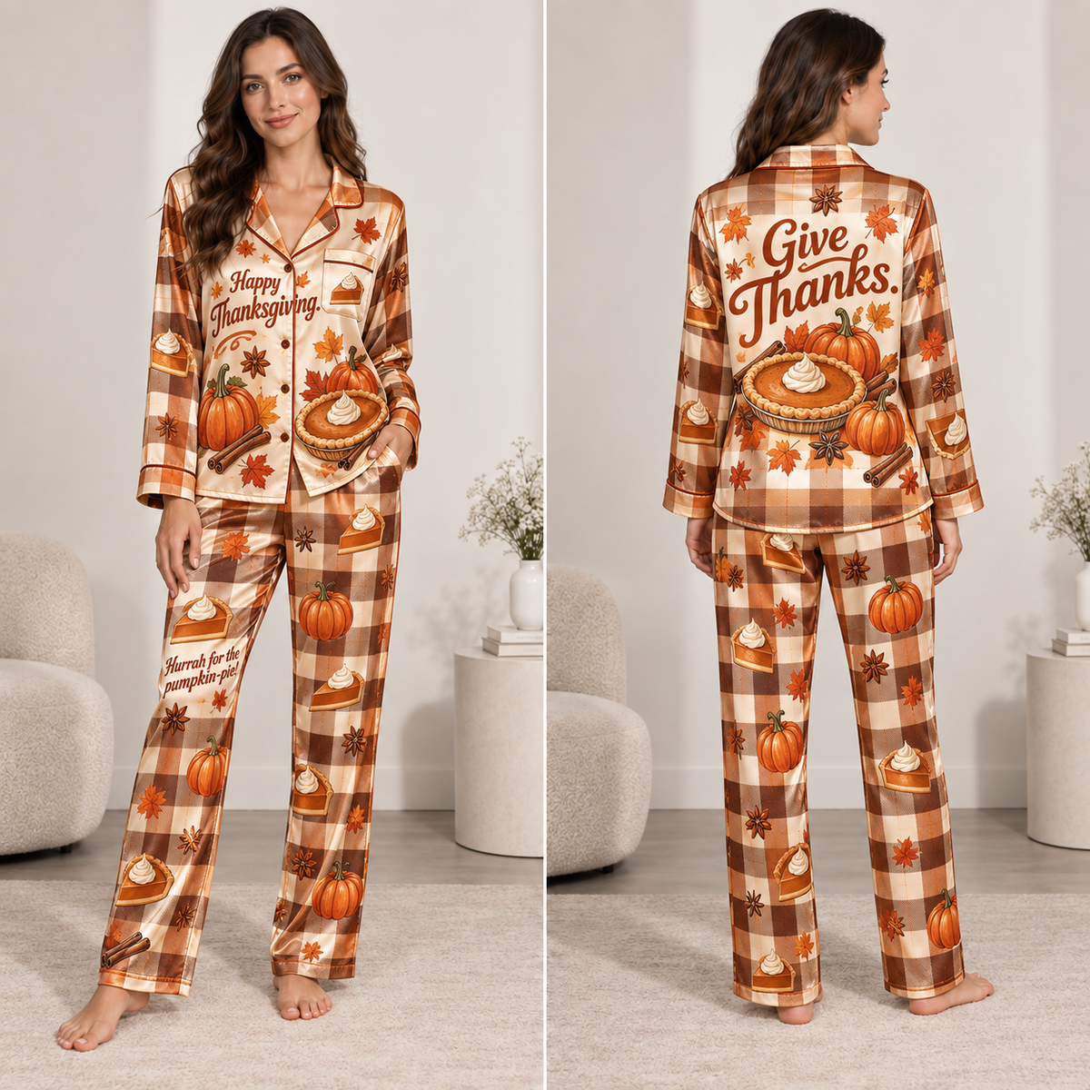 satin pyjamas front view with Happy Thanksgiving pumpkin pie print