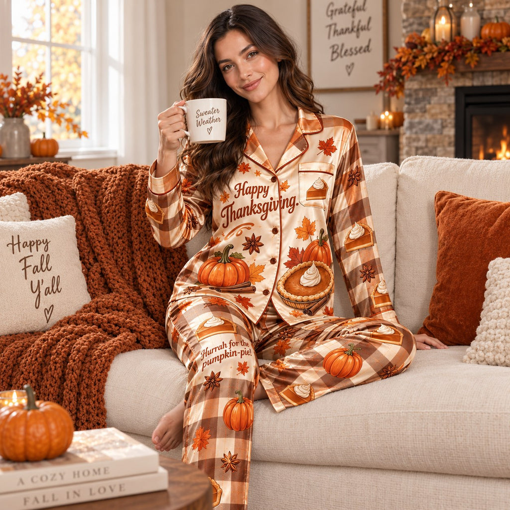 satin pyjamas back view showing Give Thanks pumpkin pie design