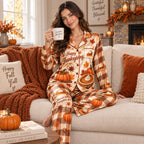 satin pyjamas back view showing Give Thanks pumpkin pie design