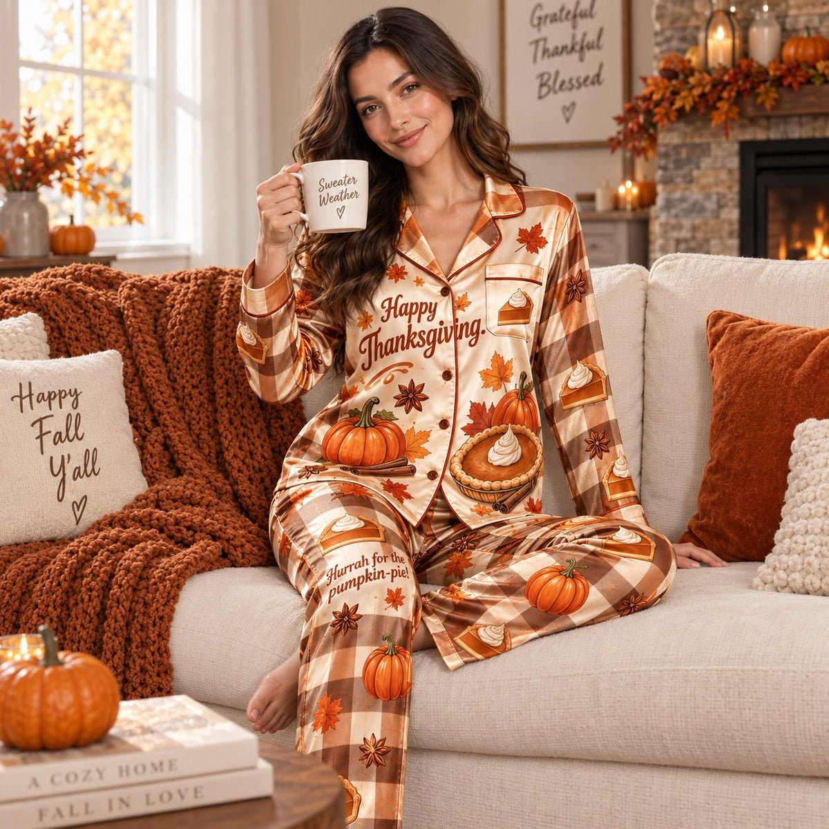 satin pyjamas back view showing Give Thanks pumpkin pie design
