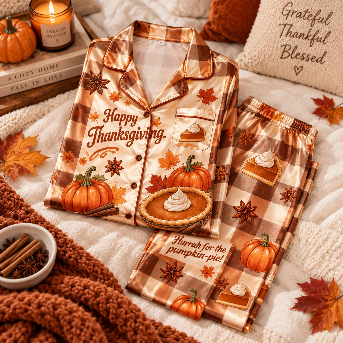 Happy Thanksgiving Give Thanks Hurrah For The Pumpkin Pie Satin Pyjamas, Xmas Pyjamas, Button Up Pyjamas, Gifts For Her