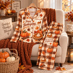 Happy Thanksgiving Give Thanks Hurrah For The Pumpkin Pie Satin Pyjamas, Xmas Pyjamas, Button Up Pyjamas, Gifts For Her
