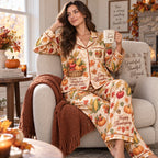 woman wearing thanksgiving lounge pyjamas in autumn styled bedroom
