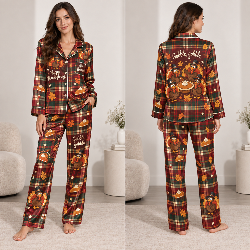 satin pyjamas with turkey pumpkin pie and plaid print, model standing
