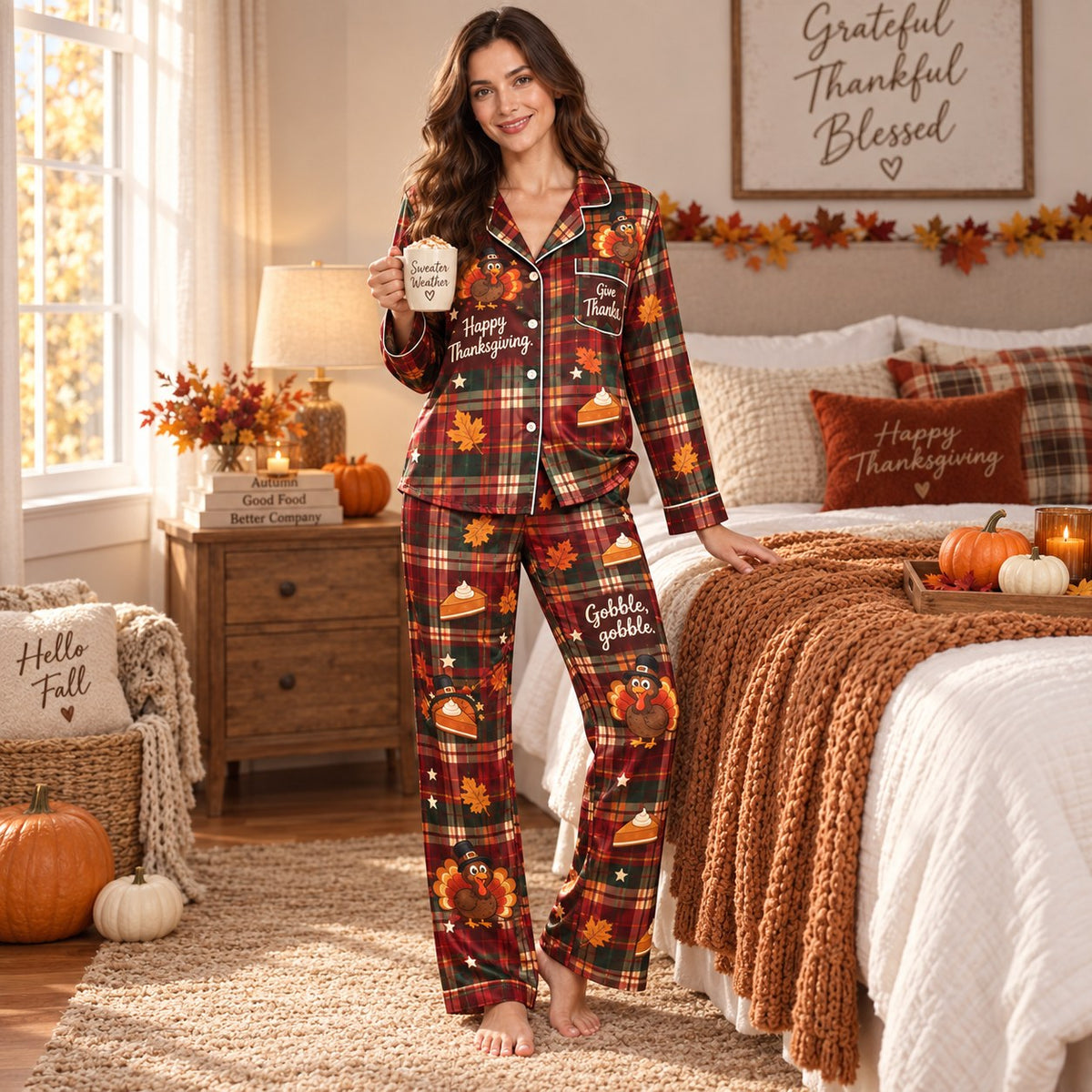 back view of thanksgiving satin pyjamas showing gobble gobble turkey graphic