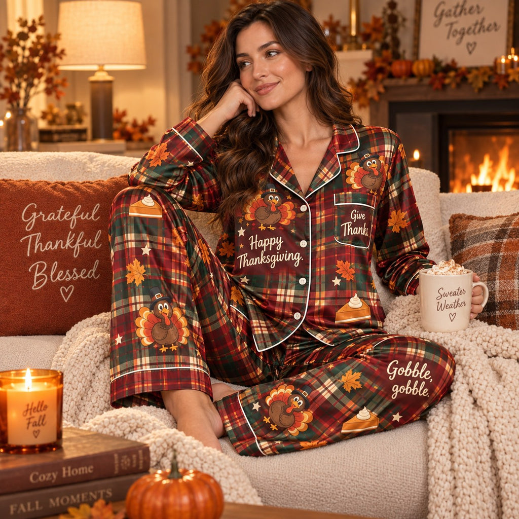 thanksgiving satin pyjamas styled on stool with pumpkin spice everything mug