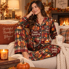 thanksgiving satin pyjamas styled on stool with pumpkin spice everything mug