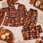 Happy Thanksgiving Gobble Gobble Satin Pyjamas, Turkey Pumpkin Pie Plaid Lounge Pyjamas, Button Up Sleepwear Set