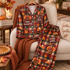 Happy Thanksgiving Gobble Gobble Satin Pyjamas, Turkey Pumpkin Pie Plaid Lounge Pyjamas, Button Up Sleepwear Set