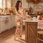 front detail of happy thanksgiving button up satin pyjamas