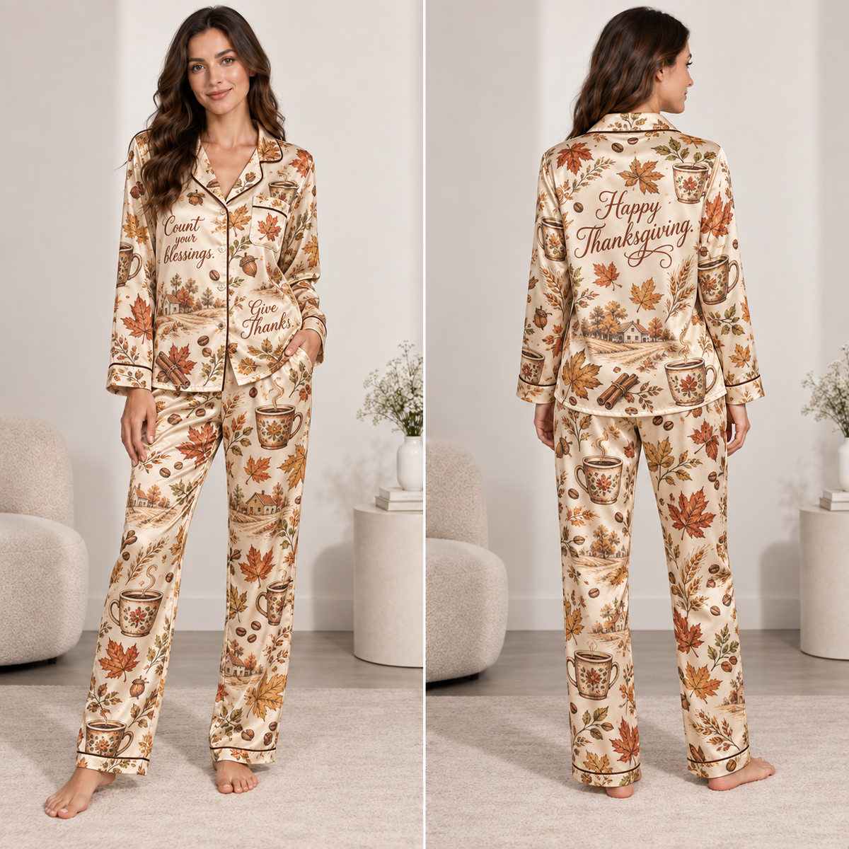 satin pyjamas front view with autumn leaves, coffee mugs and houses pattern