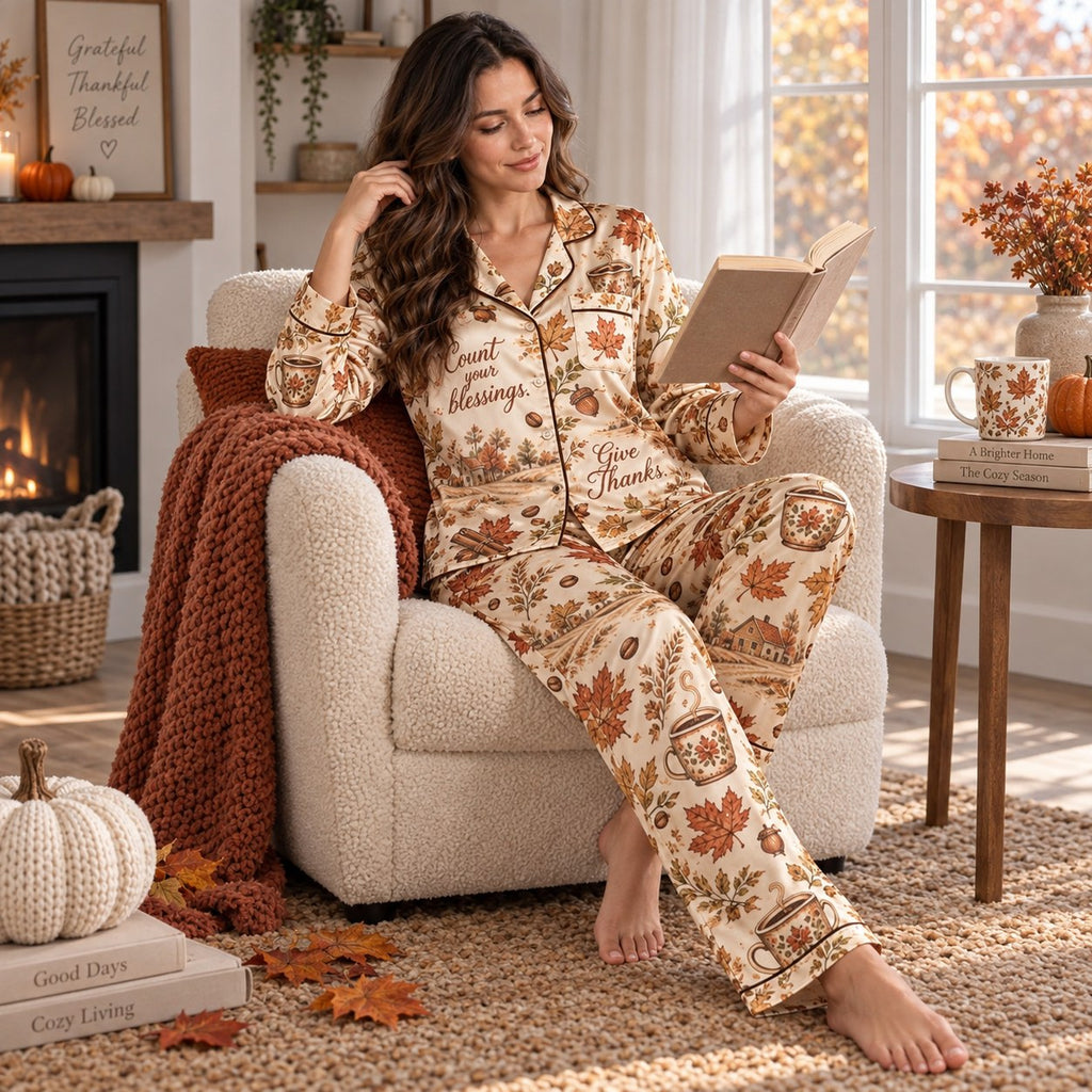 woman drinking coffee in autumn leaf satin pyjamas set