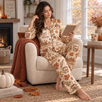 woman drinking coffee in autumn leaf satin pyjamas set