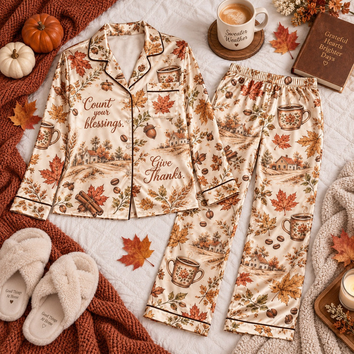 Happy Thanksgiving Satin Pyjamas, Count Your Blessings Thanksgiving Loungewear, Button Up Sleepwear Set