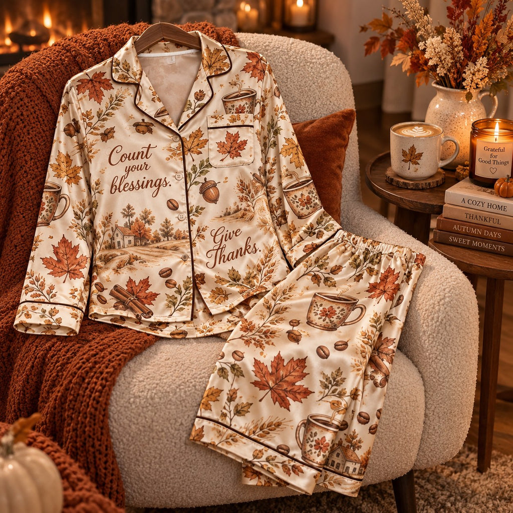 Happy Thanksgiving Satin Pyjamas, Count Your Blessings Thanksgiving Loungewear, Button Up Sleepwear Set