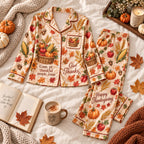 Happy Thanksgiving Satin Pyjamas, Come Ye Thankful People Lounge Pyjamas, Red Satin Pyjamas