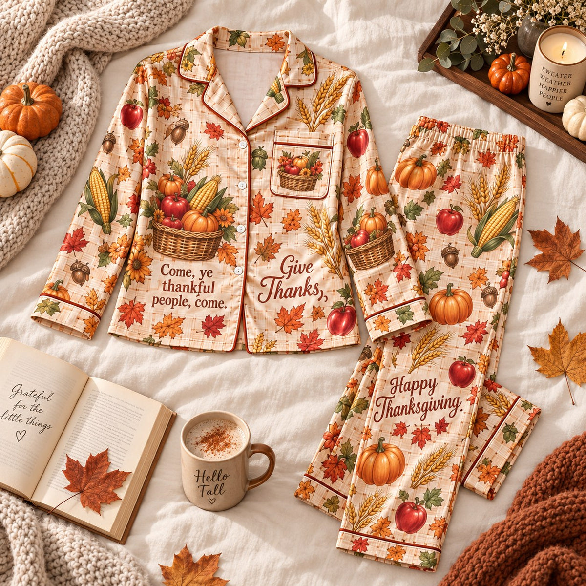 Happy Thanksgiving Satin Pyjamas, Come Ye Thankful People Lounge Pyjamas, Red Satin Pyjamas