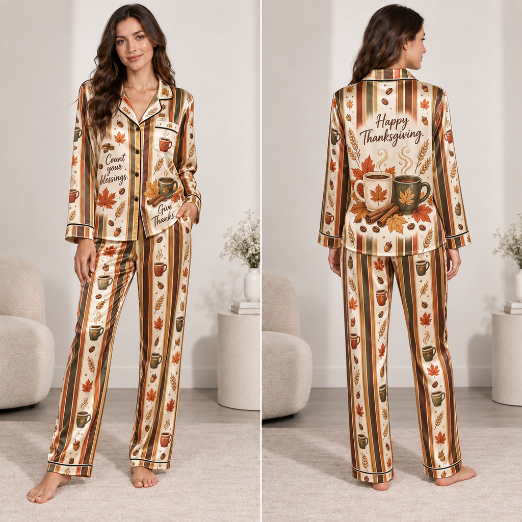 woman wearing happy thanksgiving satin pyjamas with coffee cups and autumn leaves