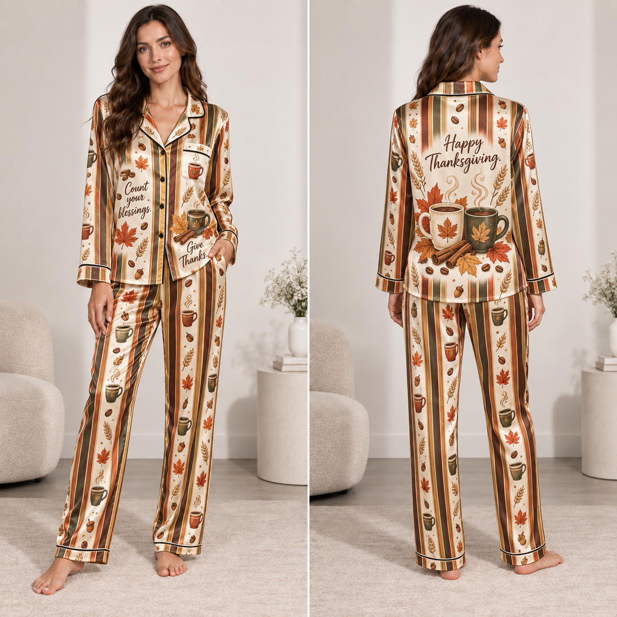 woman wearing happy thanksgiving satin pyjamas with coffee cups and autumn leaves